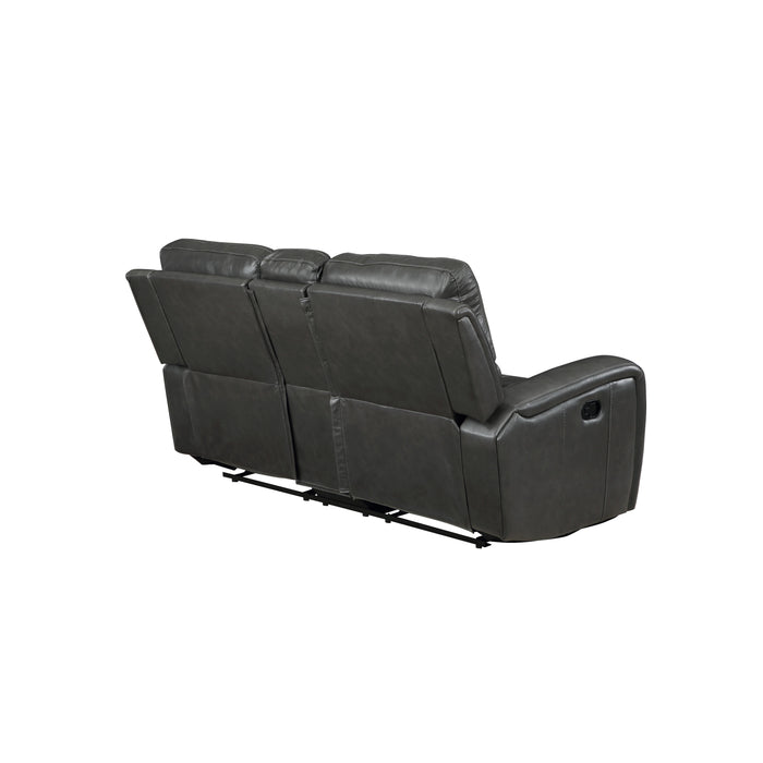 LINTON LEATHER CONSOLE LOVESEAT W/ DUAL RECLINERS-GRAY